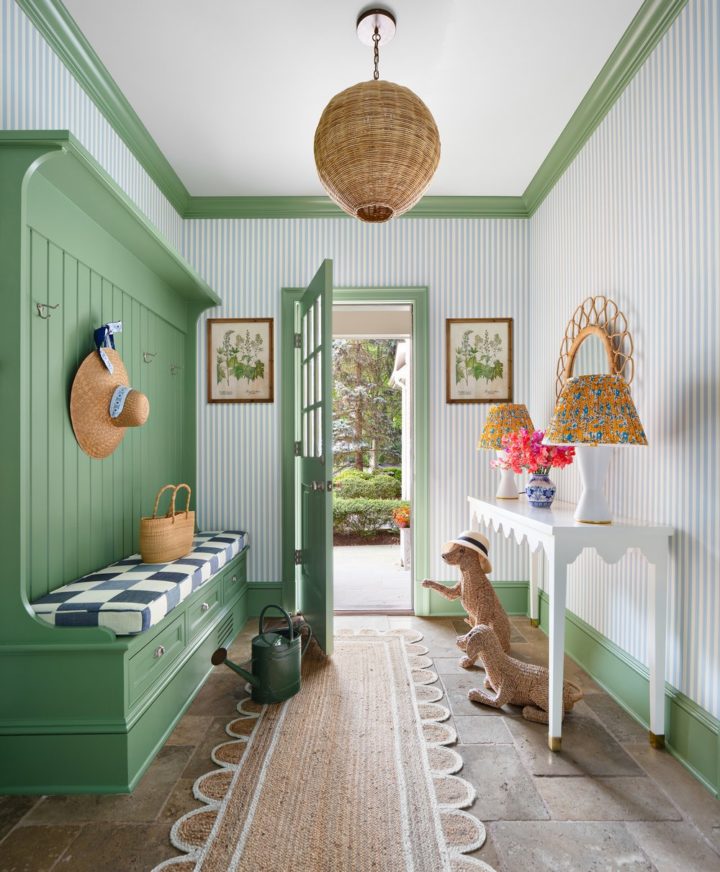 green entryway bench with storage