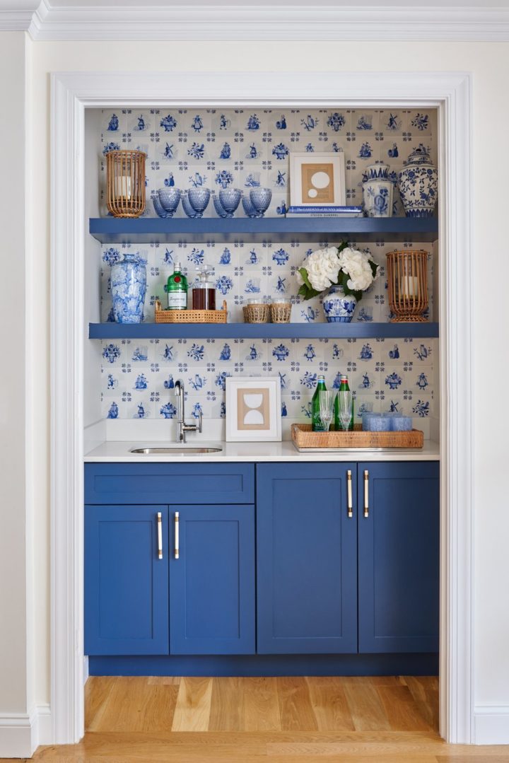 small bright blue & white wet built in home bar