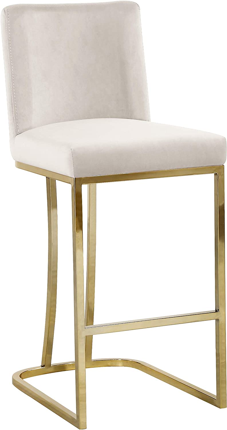 Contemporary Velvet Upholstered Counter Stool with Polished Gold Metal Frame