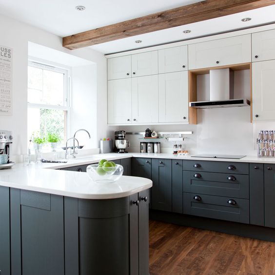 two toned white and dark grey kitchen with penisula