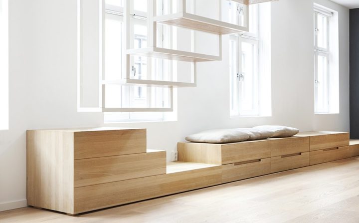 minimalist iron white staircase with oak wood bench