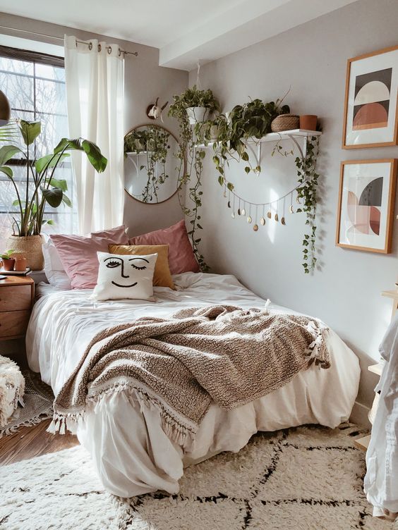 urban Minimalist Boho Bedroom design idea with shelf plants