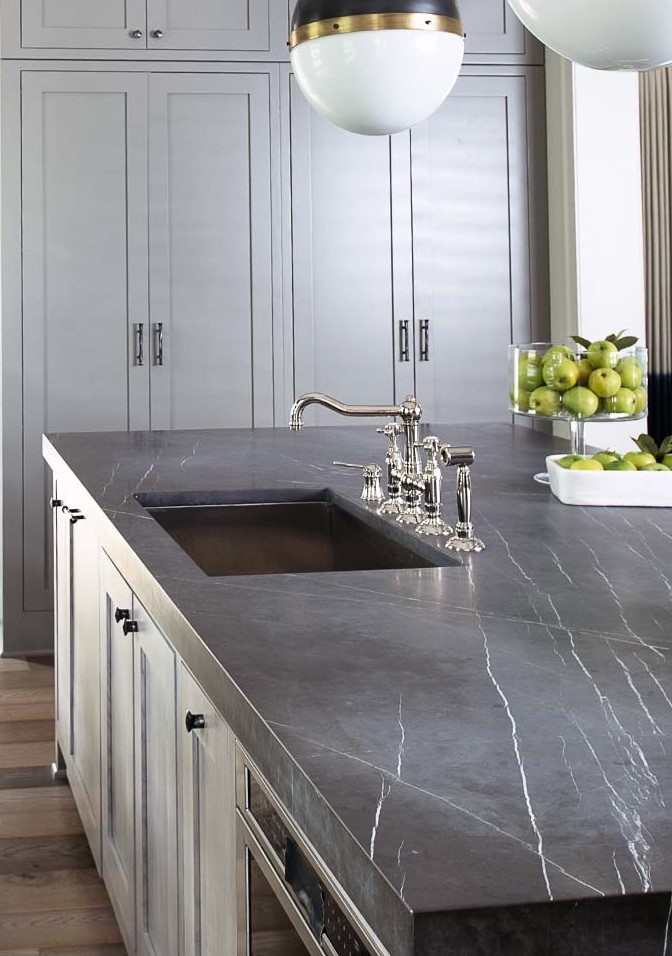 modern country chic kitchen with Pietra Grey marble kitchen countertop 