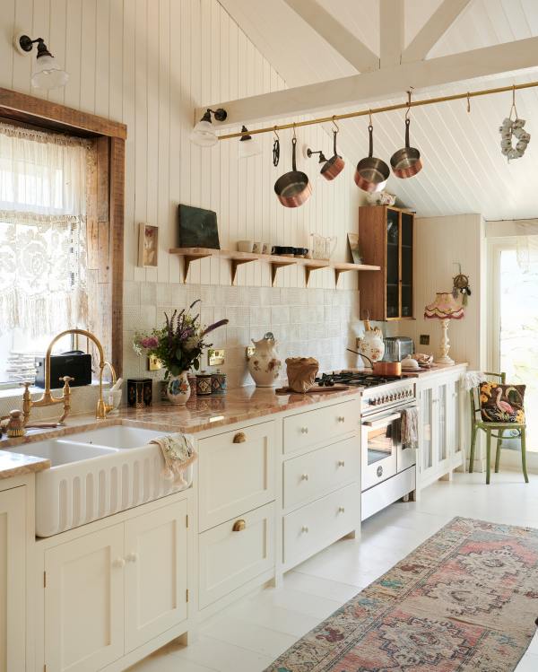 country cream kitchen with copper pots display