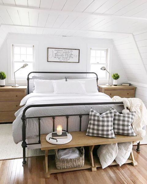 farmhouse bedroom with metalic bed