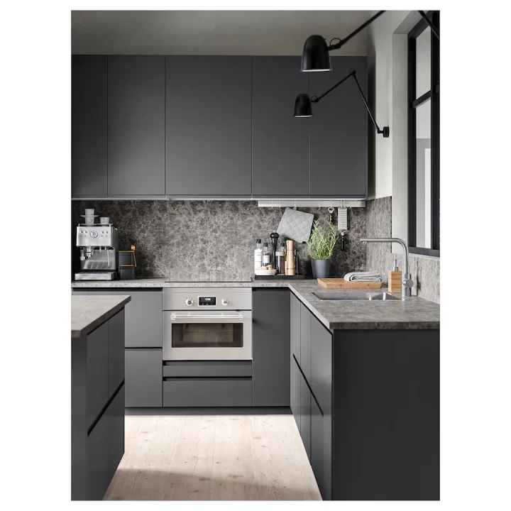 modern kitchen with dark gray cabinets and EKBACKEN Worktop, dark grey marble effect IKEA laminate 