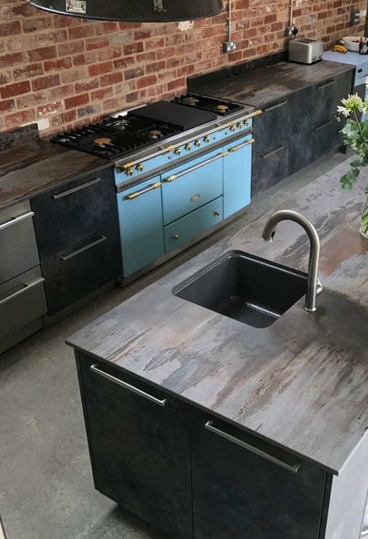 modern industrial dark gray kitchen with Dekton Countertop and brick wall 2