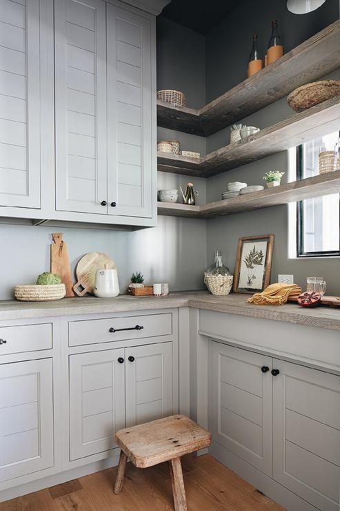 kitchen with light grey cabinets and Timber gray oak Benchtop and shelves