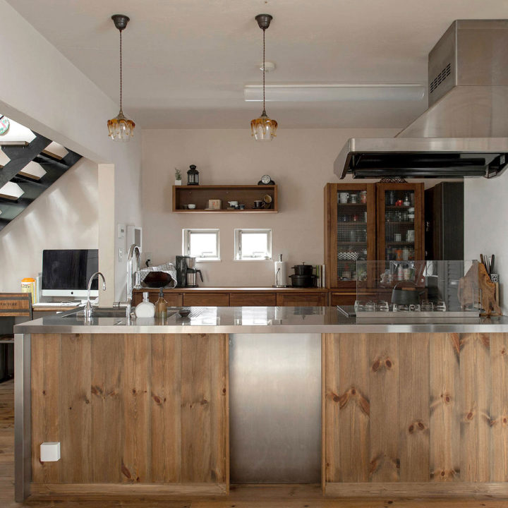 modern wood kitchen with island with Stainless Steel countertop
