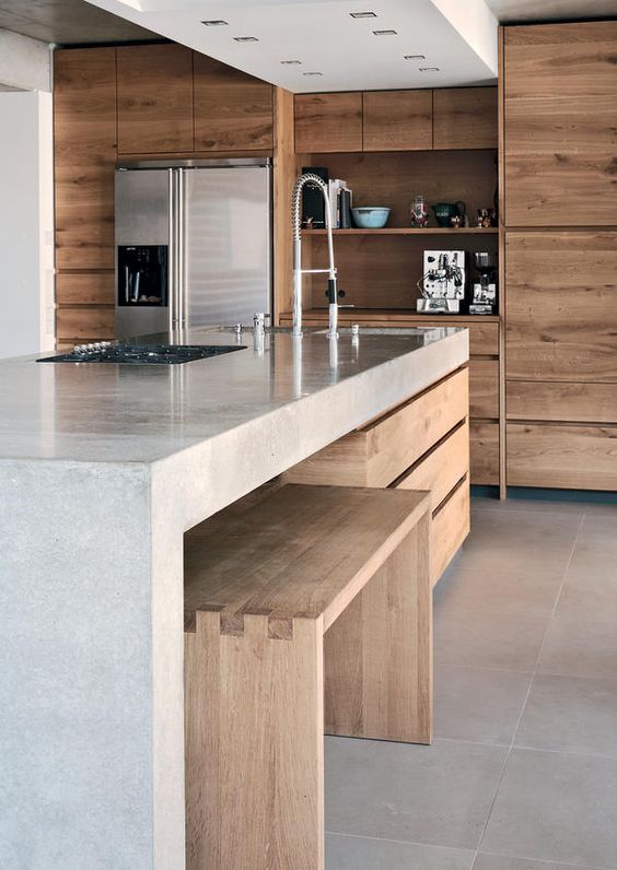 modern wood kitchen with island with  Polished Concrete countertop