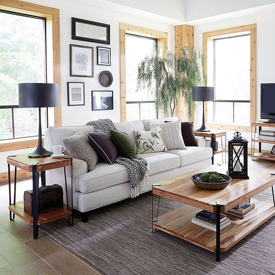 metal and wood living room decor