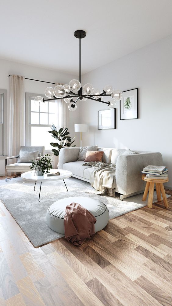 modern living room with 6 Light Sputnik Chandelier