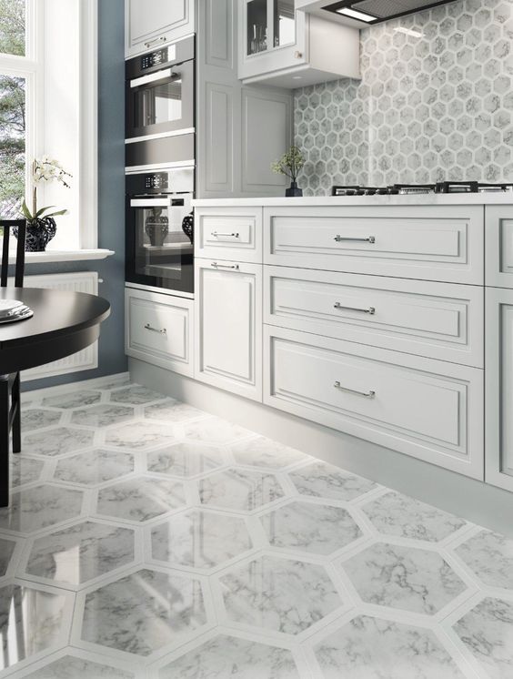 combination of Carrara Gray and Thassos White marble hexagon tiles 
