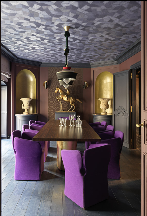 Parisian dining Room Interior Design with purple chairs