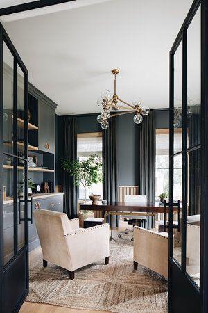 Living area & Home office black and glass french doors