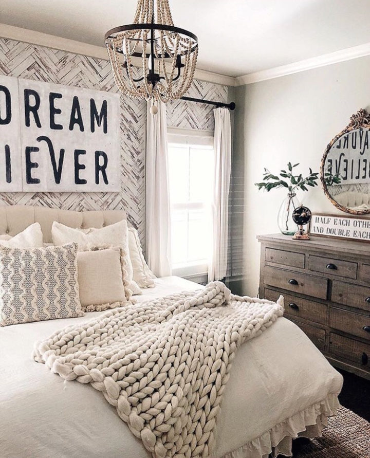 rustic bedroom with white  herringbone wood wallpaper