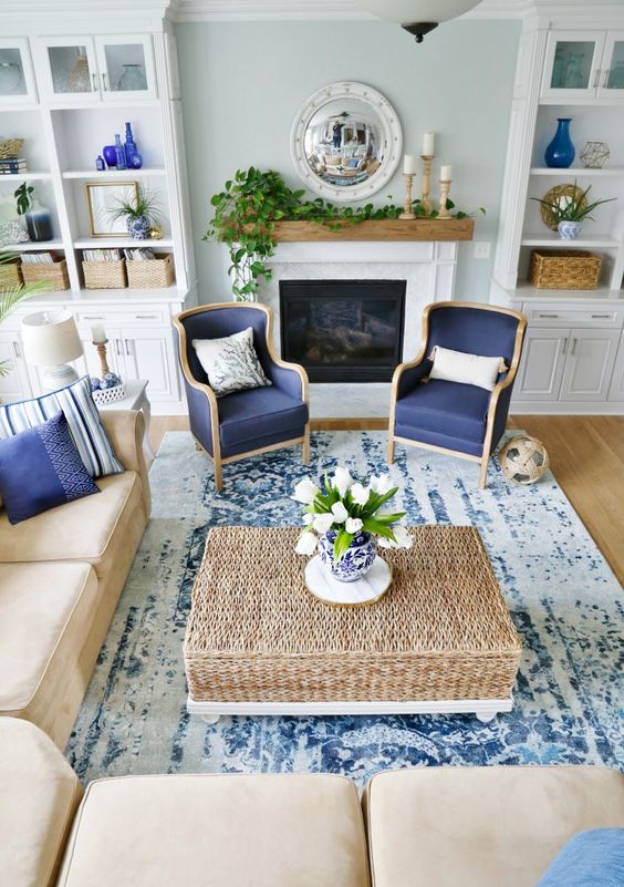 Blue and White Living Room with indoor plants