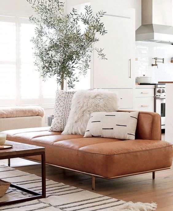 living room with tan leather daybed