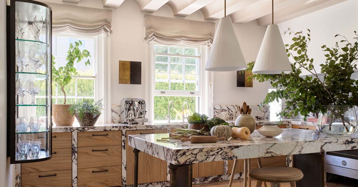 marble kitchen with unique ceiling