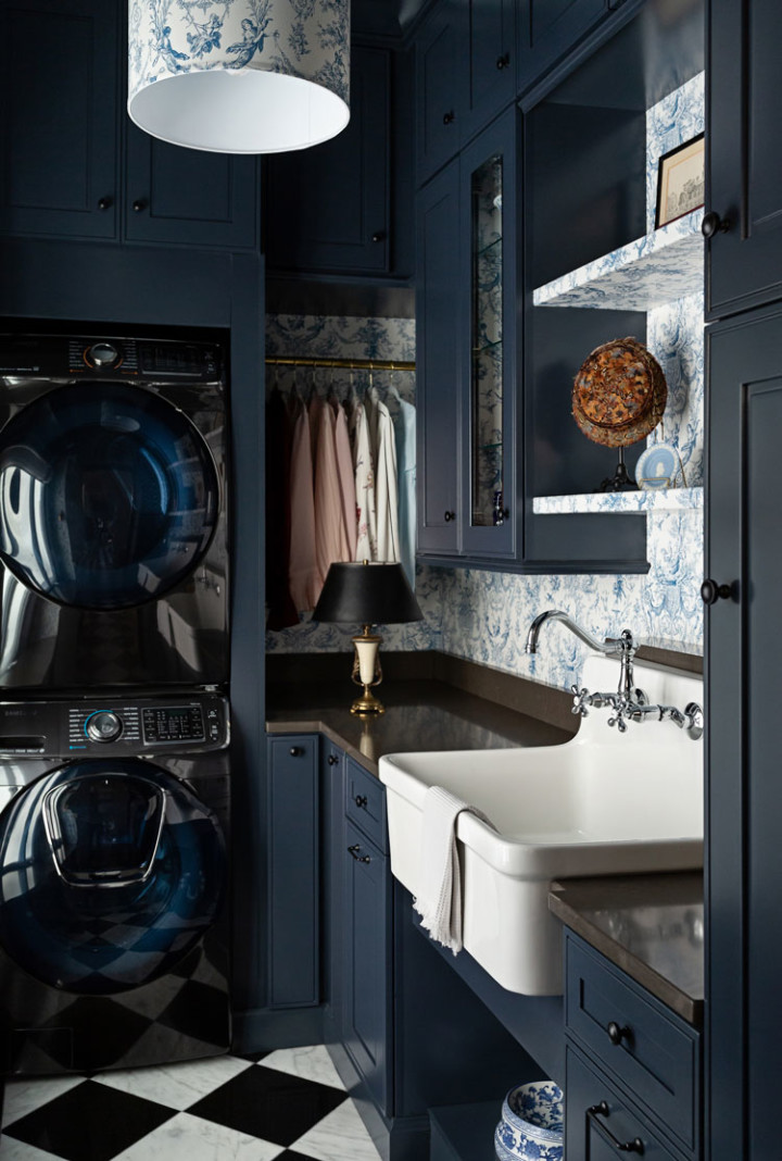 stylish dark blue small laundry room