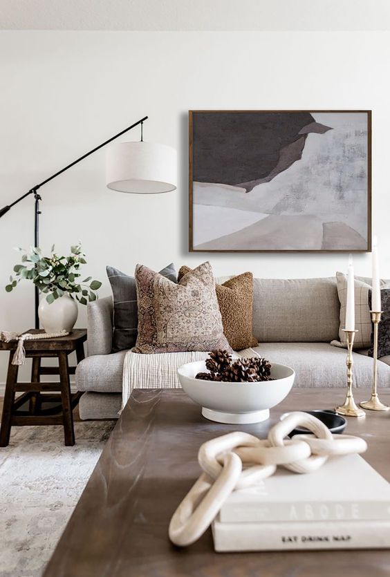 living room with white floor lamp and Large Abstract Grey Painting