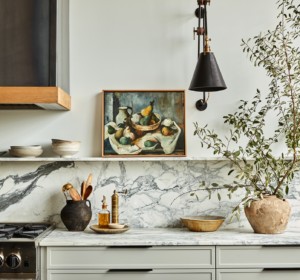 dream edgy industrial grey kitchen with marble backsplash and marble shelf