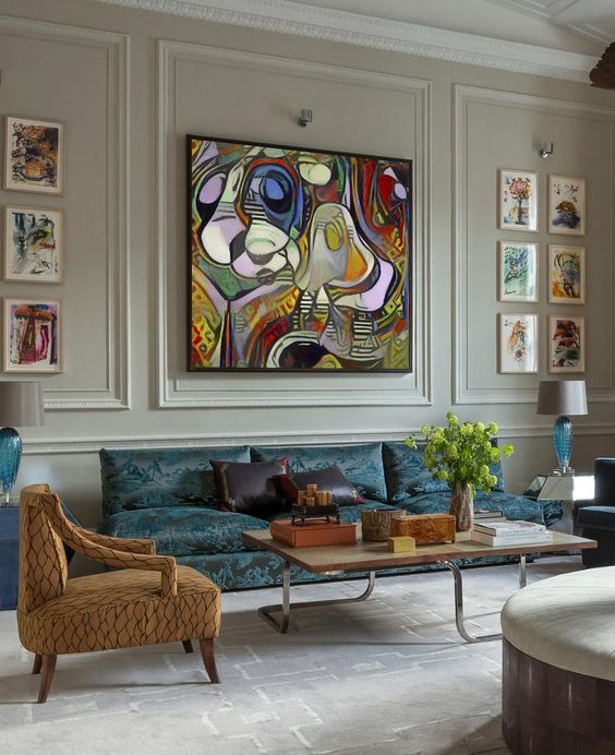 mid century living room with Abstract Art Inspired by "Girl Before a Mirror"