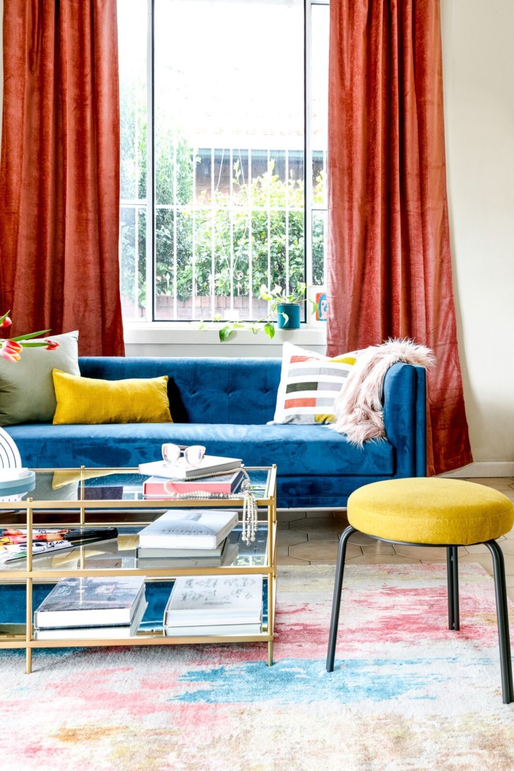 yellow, blue, and red mid-century modern living room