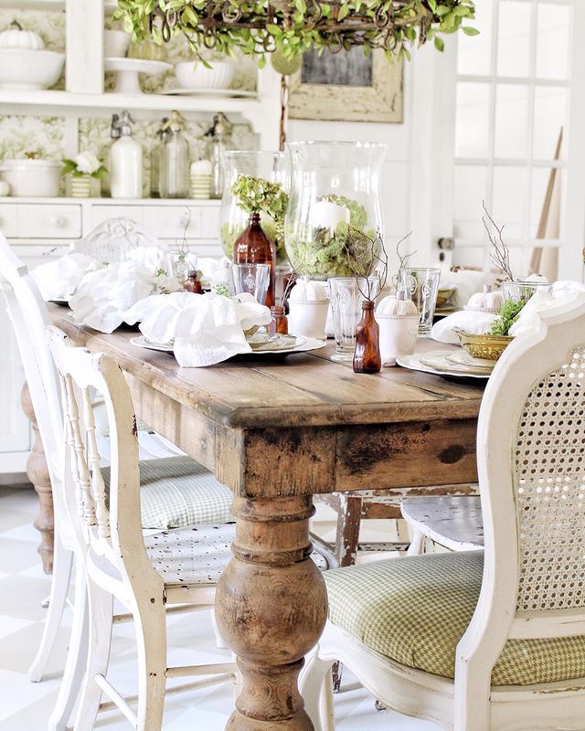shabby chic dining room with old wood table