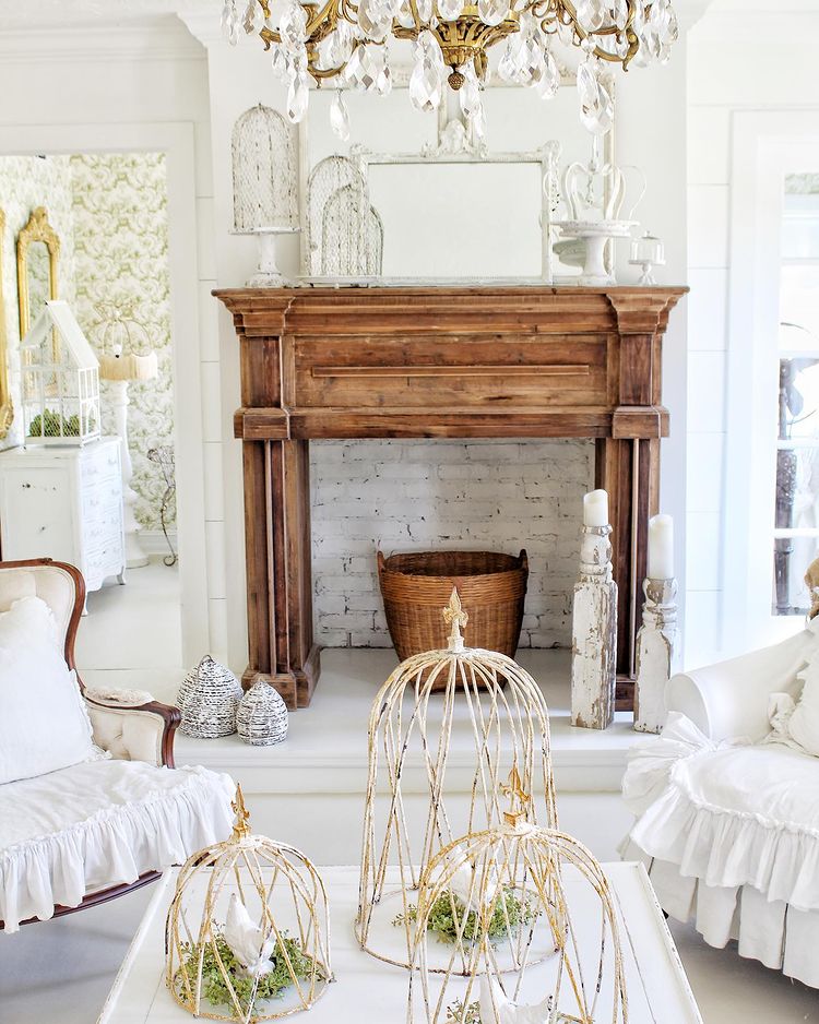 shabby chic living room with reclaimed wood faux fireplace