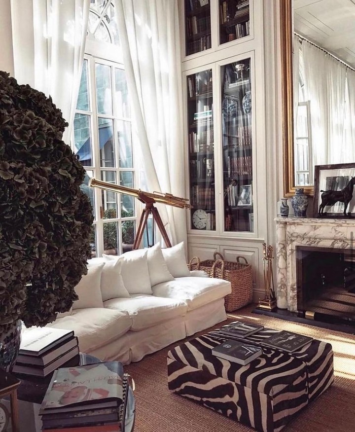 Ralph Lauren living room home decor with gold decorative telescope