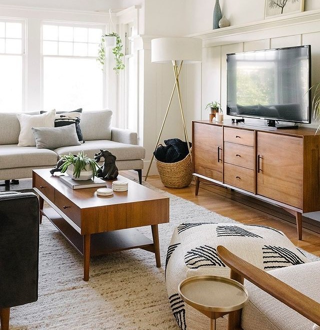 black and white minimalist mid century modern living room