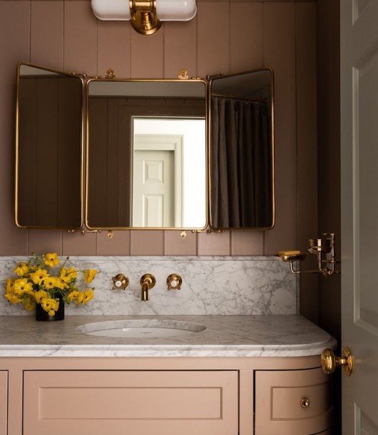 peach bathroom with French Tryptic Barber Mirror