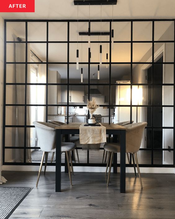 dining room with DIY mirrored wall by  black framed IKEA mirrors