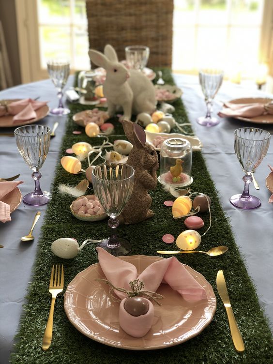 Easter moss table runner with pink decor