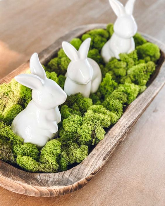 Easter centerpiece with a dough bowl and moss