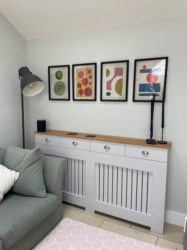 white Bespoke radiator cover with draws & solid oak top