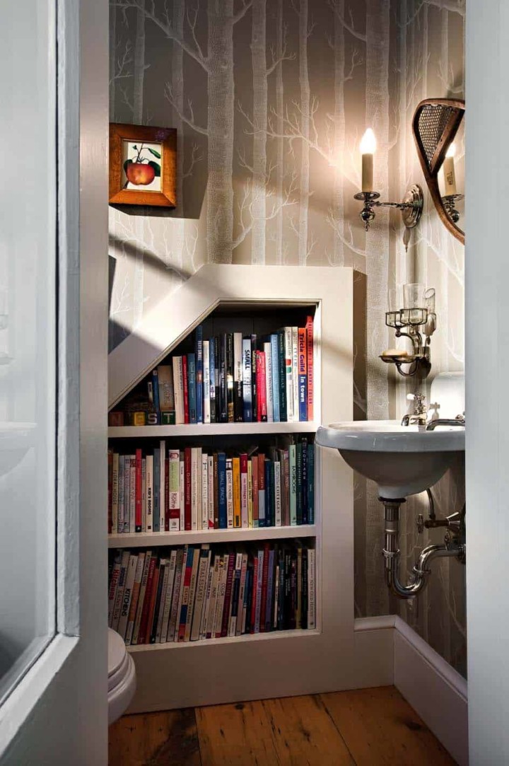 inder stairs barhroom storage bookcase