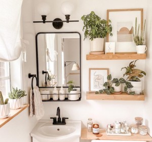 small bathroom with wood shelves over the toilet and plants