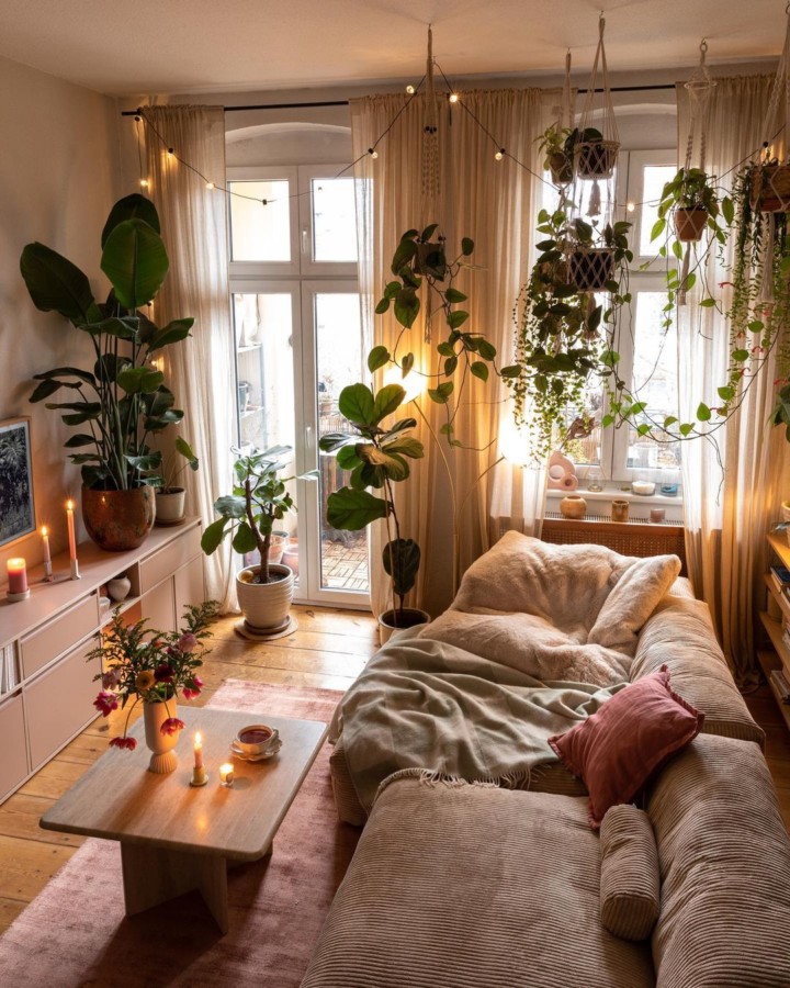 living room with potted greenery