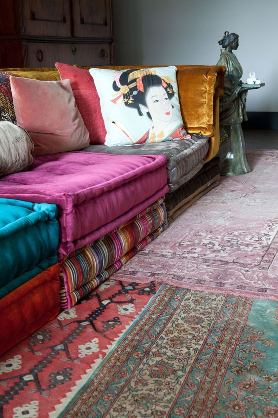 Double-deck Bohemian Design teal purple grey yellow floor couch
