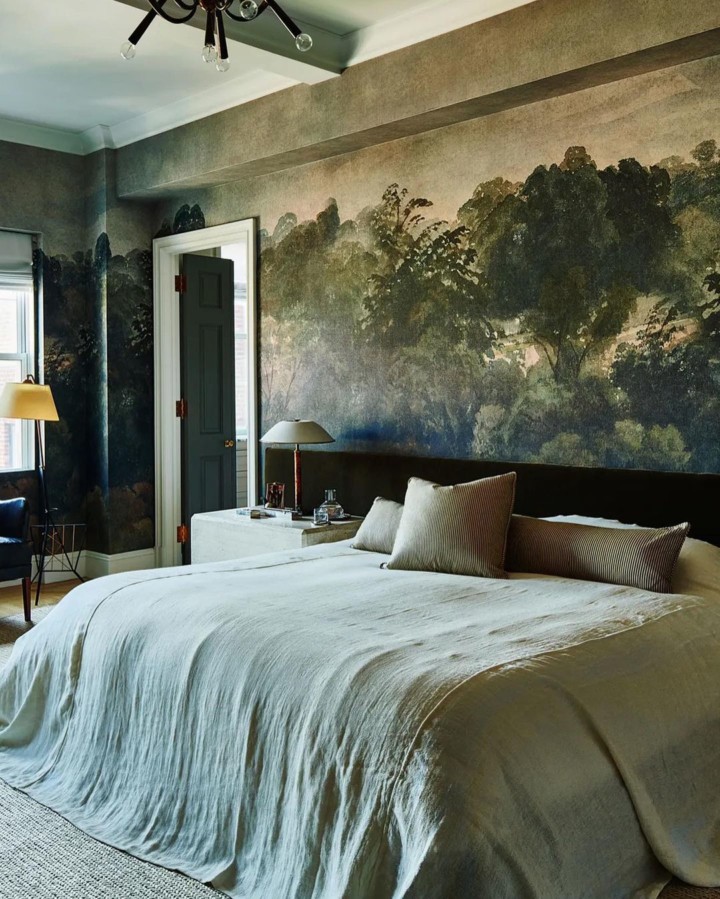Nate Berkus' home dramatic bedroom with wallpaper