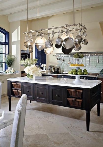 kitchen with large luxury island with Pot Rack 
