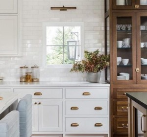 white kitchen with wood furniture