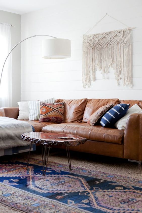 Brown, navy blue, and white living room