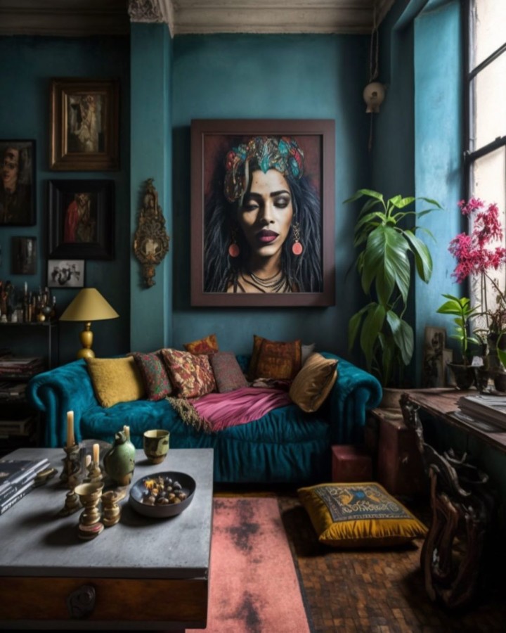 ai blue eclectic living room interior design