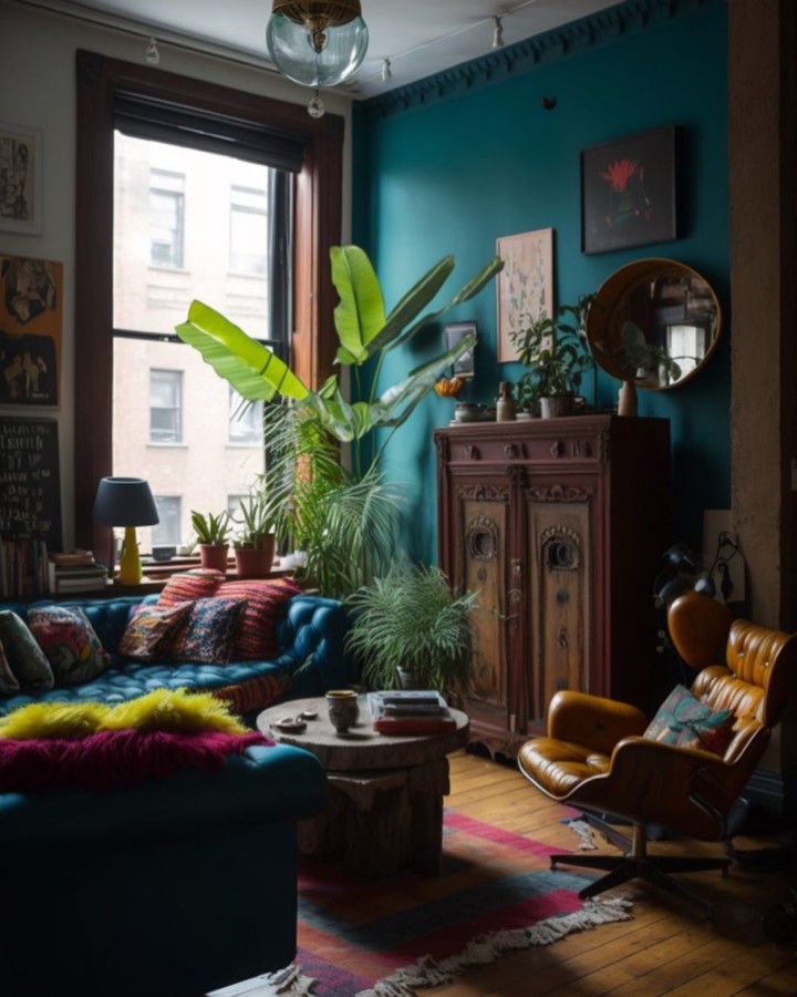 ai blue eclectic living room interior design 2