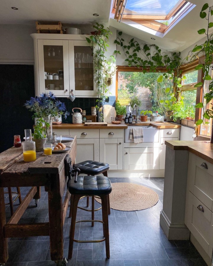 Kitchen corner window with plants