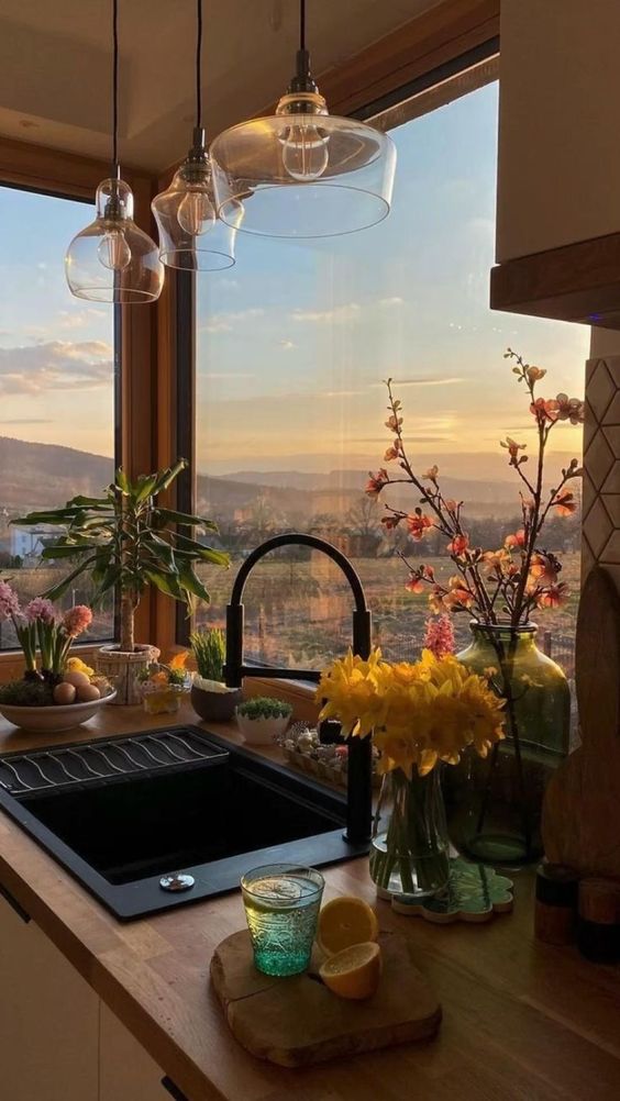 kitchen corner window with a view