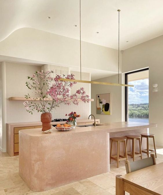 kitchen with natural soft pink island